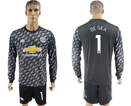 Manchester United #1 De Gea Black Long Sleeves Soccer Club Jersey - Click Image to Close
